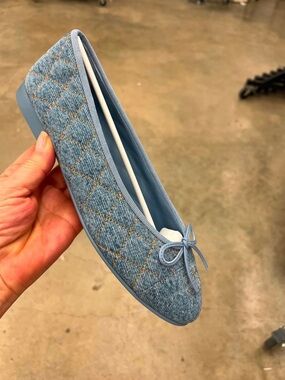 CHANEL Light Blue Quilted Denim Ballet Flat with Bow Accent